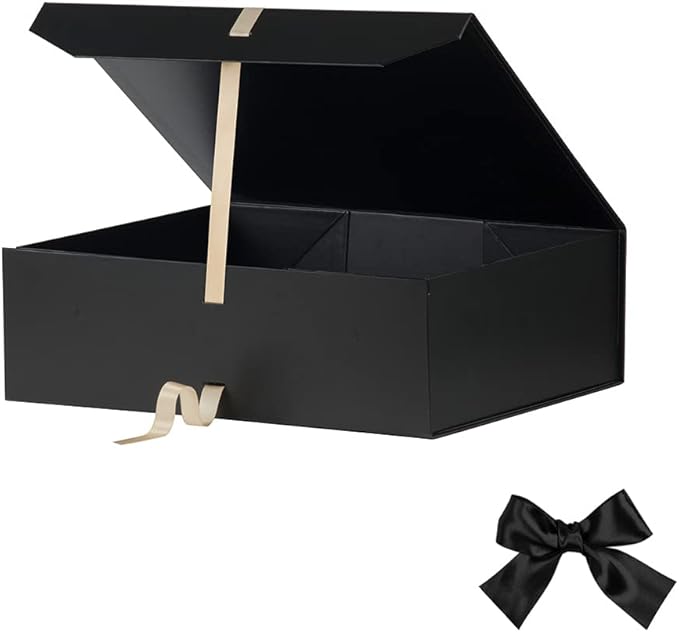Black Extra Large Gift Boxes with Ribbon 16x14x5.3 Inches Gift Boxes with Lid Magnetic Closure, Groomsman Proposal Boxes, Rectangle Collapsible Boxes for Large Gifts (Matte Black)