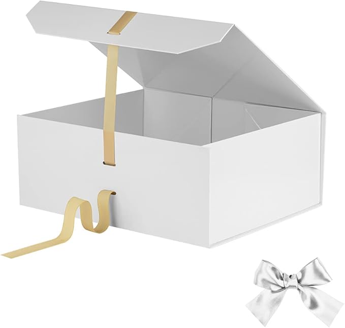 White Large Gift Box 13x11x5.3 Inches With Ribbon and Lid Magnetic Closure, Christmas Rectangle Collapsible Boxes for Men Shoes (Glossy White)