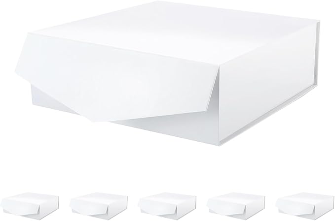 6 Gift Boxes with Lids 9x9x3.4 Inches, White Bridesmaids Proposal Boxes with Magnetic Closure for All Occasion (Glossy White)