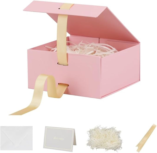 BoxSkivra Small Gift Boxes with Lids 5 Pack 6X6X3 Inch Pink Gift Box with Ribbon Foldable Gift Boxes for Presents、Bridesmaid Proposal Box、Wedding Gifts、Shredded Paper Filler & Cards