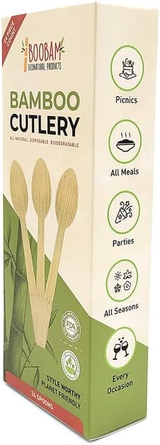 Boobam Econatural Products Bamboo Utensils - Natural Disposable Wooden Cutlery for Party, Eating, Camping, Picnic, Wedding, Birthday - Eco-Conscious Plant-Based Compostable Spoons - Box of 24 Pieces