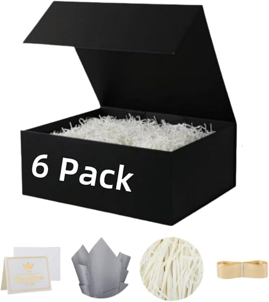 UoeRing 6 Pack Black Gift Box 9.5x6x3 inch Small Luxury Gift Box Bulk for Presents with Magnetic Lid Collapsible,Birthday,Groomsman,Contains Card, Ribbon, Tissue Paper,Shredded Paper Fille