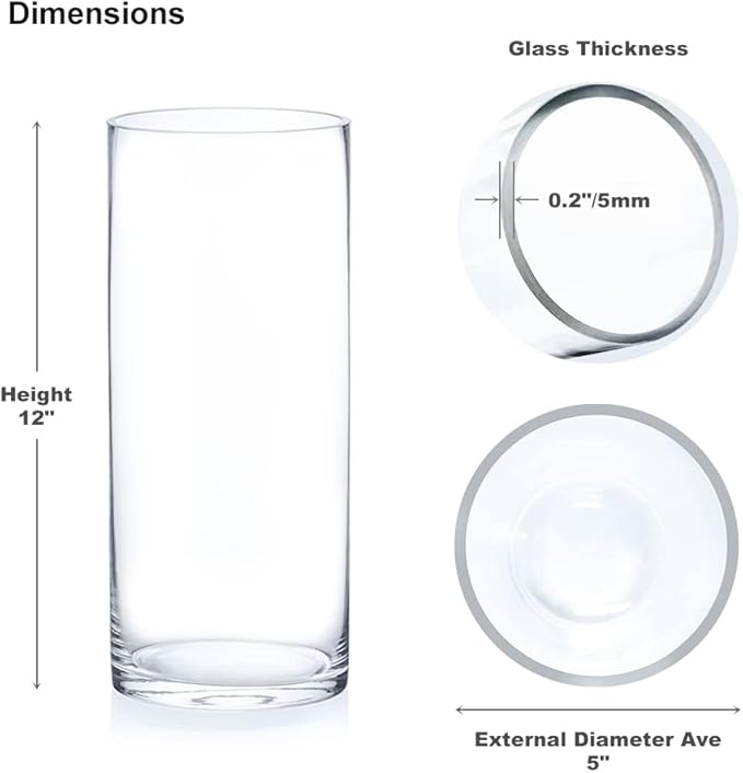 Enova Floral Set of 4 Clear Glass Cylinder Vase, 5W x 12H Inches Tall Clear Flower Vase, Pillar Candle Floating Candle Holders, Decorative Glass Vase for Wedding Centerpieces, Home Kitchen Decor