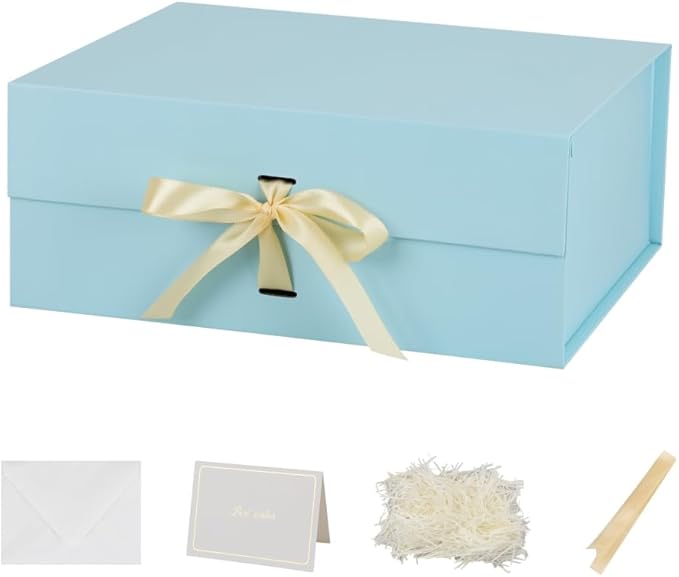 Large Blue Gift Box with Ribbon 1 Pack 13X11X5.3 Inch Large Gift Box with Lid Magnetic Closure Rectangle Collapsible Luxury Box for Wedding Gifts Crinkle Cut Paper Shred with Card