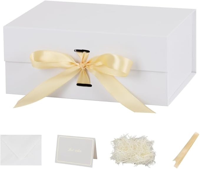 BoxSkivra White Gift Box with Shredded Paper 1 Pack 9.5X7X4 Inch Small Magnetic Gift Box with Lid Rectangle Collapsible Luxury Box with Ribbon for Presents Crinkle Cut Paper Shred with Card