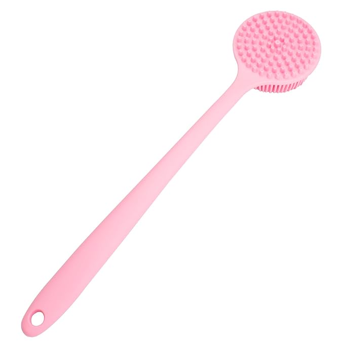 DNC Soft Silicone Back Scrubber Shower Bath Body Brush with Long Handle (Pink)