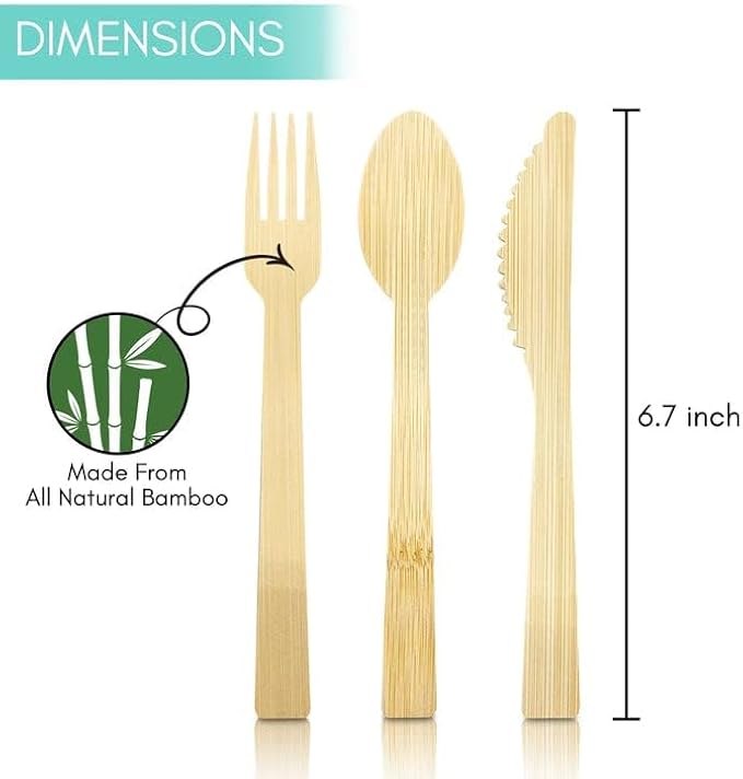 Boobam Econatural Products Bamboo Utensils - Natural Disposable Wooden Cutlery for Party, Eating, Camping, Picnic, Wedding, Birthday - Compostable Silverware - 8 Spoons, 8 Forks, 8 Knives - Box of 24