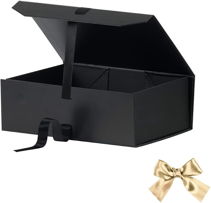 Matte Black Gift Box with Lids - 10x7.3x3.5 Inches, Decorative Groomsman Box with Ribbon, Magnetic Closure, Perfect for Graduations
