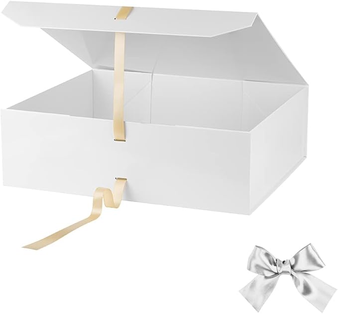 Extra Large White Gift Box 19x16x6 Inches, Gift Boxes with Ribbon, Gift Box with Lid Magnetic Closure, Groomsman Proposal Box, Rectangle Collapsible Boxes for Wedding Dress(Glossy White)