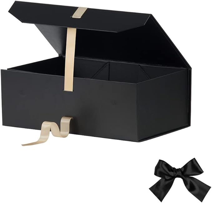 Black Gift Boxes - 12x8x4.5 Inches, Large Collapsible Rectangle Gift Boxes with Ribbon, Magnetic Lid Closure for Birthday, Christmas, Women's Shoes (Matte Black)