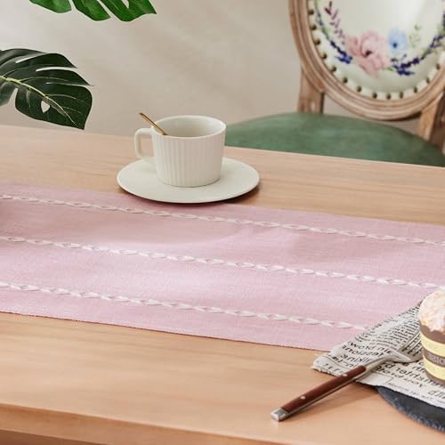 Braided Farmhouse Table Runner,Braided Pink 13x60 Inch, Cotton Linen Table Runners 60 Inches Long, Embroidered Striped Pink Boho Table Runner Rustic Home Decor