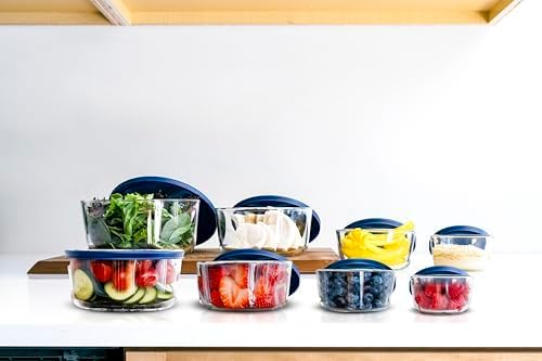 DURA LIVING 16-Piece Glass Food Storage Containers Set (8 Containers + 8 Lids) | Round, Nesting, Microwave & Dishwasher Safe | BPA-Free, Space-Saving | Blue Lids for Pantry & Kitchen Organization