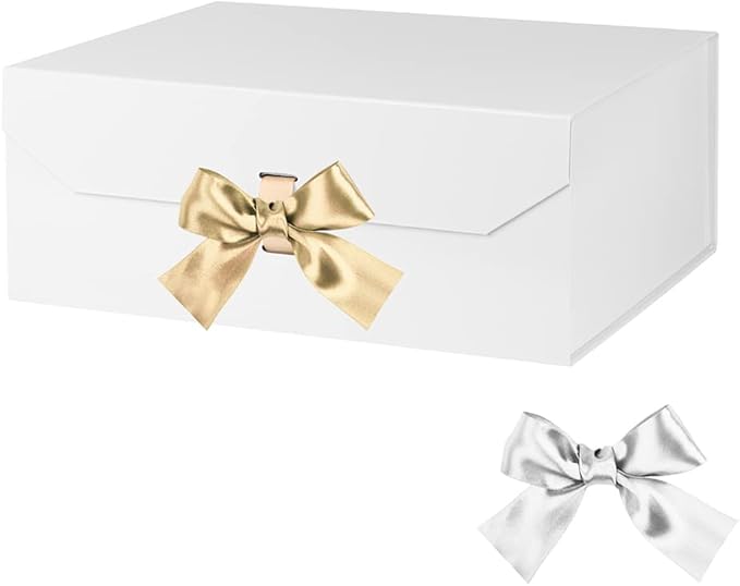 White Large Gift Box 13x11x5.3 Inches With Ribbon and Lid Magnetic Closure, Christmas Rectangle Collapsible Boxes for Men Shoes (Glossy White)