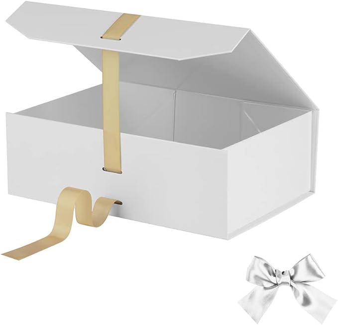 White Gift Box 10x7.3x3.5 Inches, Decorative Box with Ribbon, Empty Gift Box with Lid Magnetic Closure, Groomsman Box, Rectangle Collapsible Gift Boxes for Shirt (Glossy White)