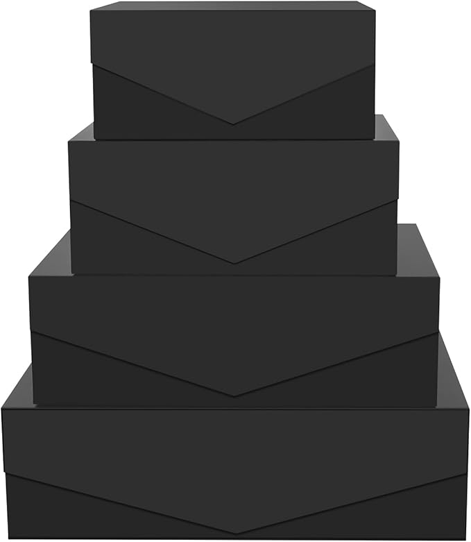 BLK&WH Magnetic Gift Boxes with Lids, Set of 4 Black Presents Boxes Assorted Sizes for Birthday, Wedding, Valentines, Christmas, Party, Baby Showers (Matte Black)