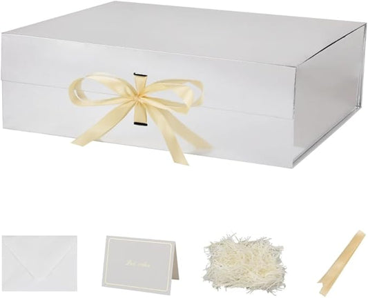 Extra Large Magnetic Gift Box with Lids 3 Pack 19x16x6 Inch Silver Large Gift Box with Ribbon Foldable Gift Boxes for Presents Jumbo Box with Shredded Paper & Cards for Groomsman Proposal