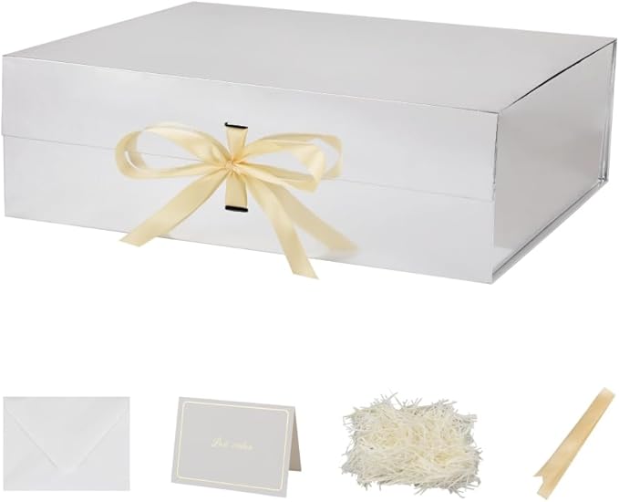 BoxSkivra Extra Large Gift Box with Lid 1 Pack 19x16x6 Inch Large Silver Gift Box with Ribbon Magnetic Closure Rectangle Collapsible Luxury Boxes for Wedding Dress Crinkle Cut Paper Shred with Card