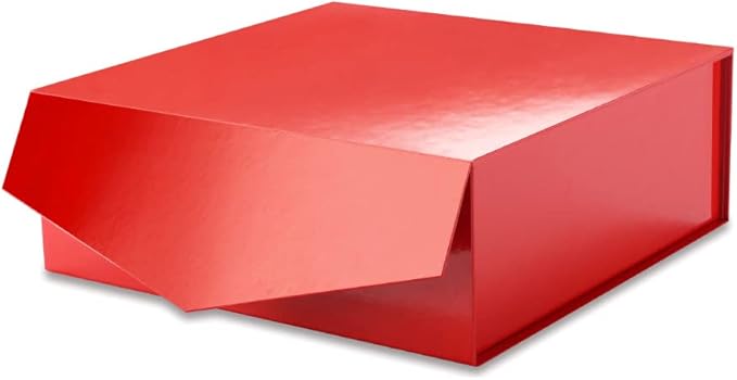 Gift Box with Lid 9x9x3.4 Inches, Red Bridesmaid Proposal Box with Magnetic Closure for All Occasion (Glossy Red)