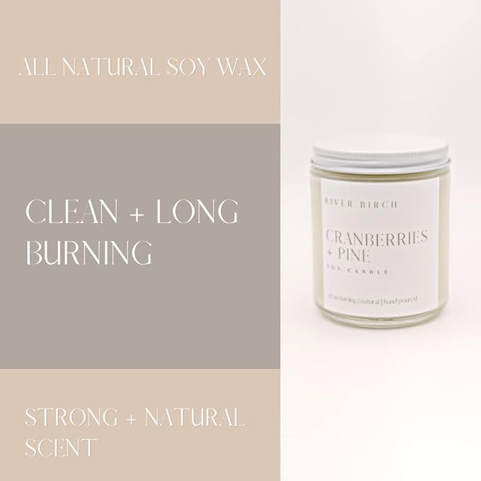 River Birch Candles Cranberries + Pine Scented Candle | Premium, All-Natural, Non-Toxic, Soy Candles | 8.5oz 40 Hr Burn Time | Cozy Relaxing Gifts for Home