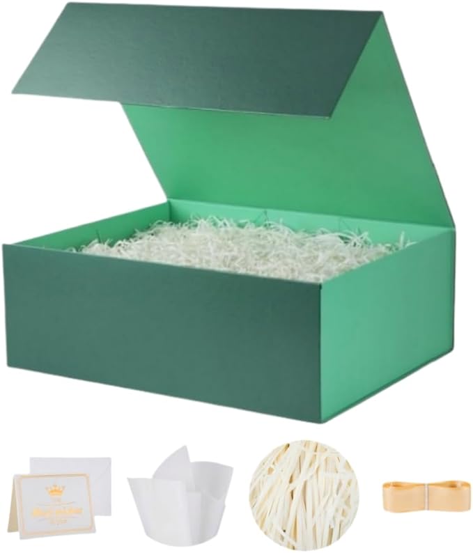 UoeRing 1 Pcs Green Gift Box 9.5x6x3 inch Small Luxury Gift Box for Presents with Magnetic Lid Collapsible,Birthday,Christmas,Contains Card, Ribbon, Tissue Paper,Shredded Paper Fille