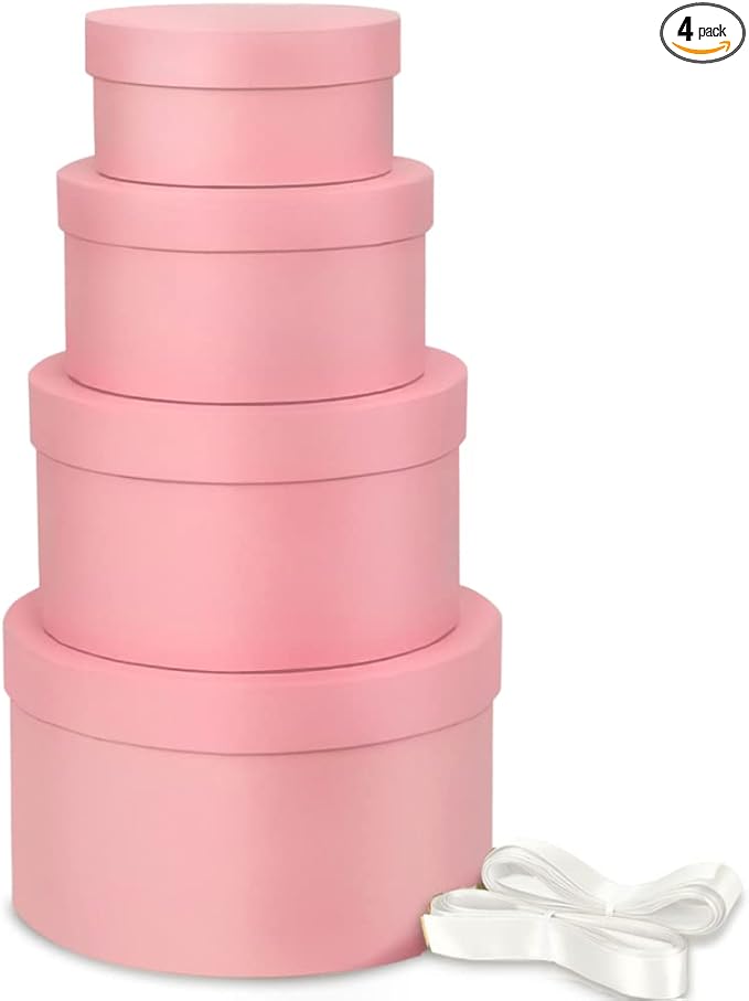 Luxury Nesting Gift Boxes - Pink with Lids, 4 Pack, Small, 17ft Ribbon for Bridesmaid, Valentines, Mother's Day, Graduation