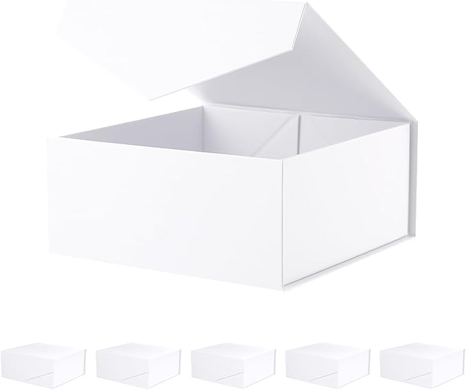 BLK&WH 6 Collapsible Gift Boxes with Magnetic Lids, 7.5x7.5x3 Inches, Bridesmaid Proposal Boxes, Matte White