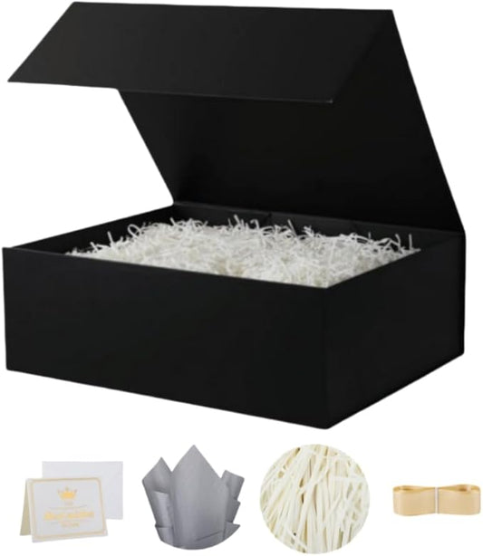UoeRing 1 Pcs Black Gift Box Large 13.5x11.8x4.7 inch Luxury Birthday Gift Box for Presents with Magnetic Closure Lid Collapsible,Contains Card, Ribbon, Tissue Paper,Shredded Paper Filler
