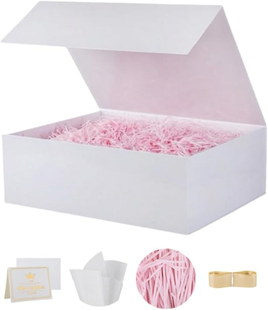 UoeRing 1 Pcs White Gift Box 11.5x8x4 inch Luxury Gift Box for Presents with Magnetic Lid Collapsible,Birthday,Christmas,Contains Card, Ribbon, Tissue Paper,Shredded Paper Fille