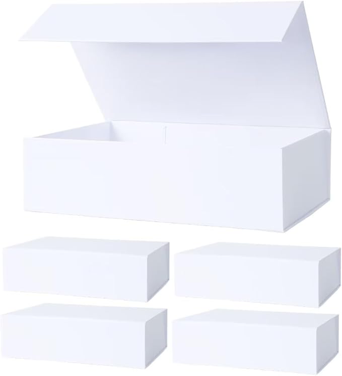 Aimyoo White Collapsible Gift Box with Magnetic Closure Lids 10.5x7x3 in, Bridesmaid Groomsman Proposal Boxes, Rectangle Storage Box 5 Pack
