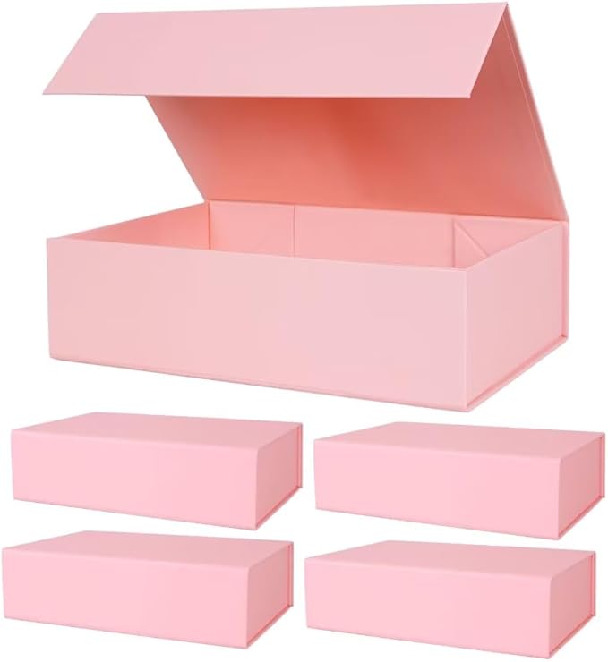 Aimyoo Pink Collapsible Gift Box with Magnetic Closure Lids 10.5x7x3 in, Bridesmaid Groomsman Proposal Boxes, Rectangle Storage Box 5 Pack