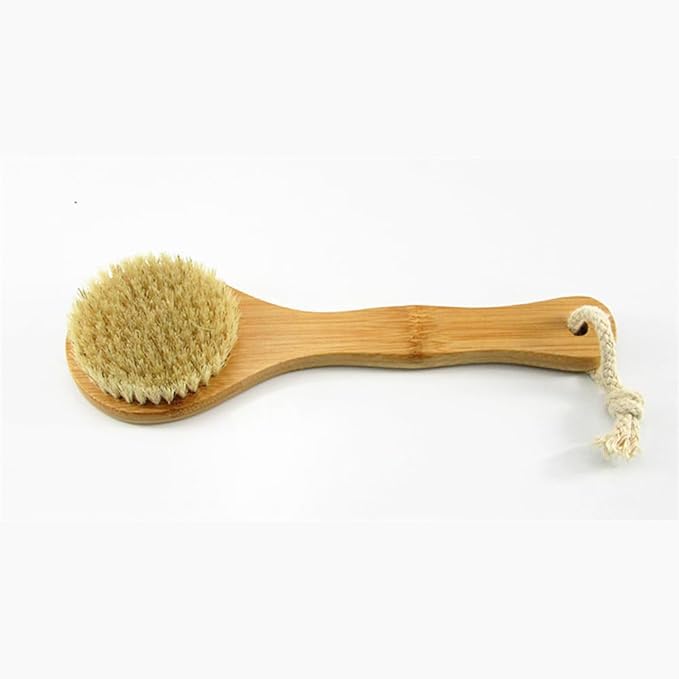 9.84" Short Handle Dry Body Brush Back Scrubber, Bamboo Handle and Natural Boar Bristles Bath & Shower Brush, Good for Blood Circulation, Exfoliating, Cellulite and Detox, etc.