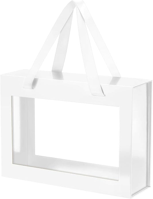 White Gift Box with Window, Clear Magnetic Gift Box with Handle for Present, Bridesmaid Proposal Box (10.5x7.5x3 Inches