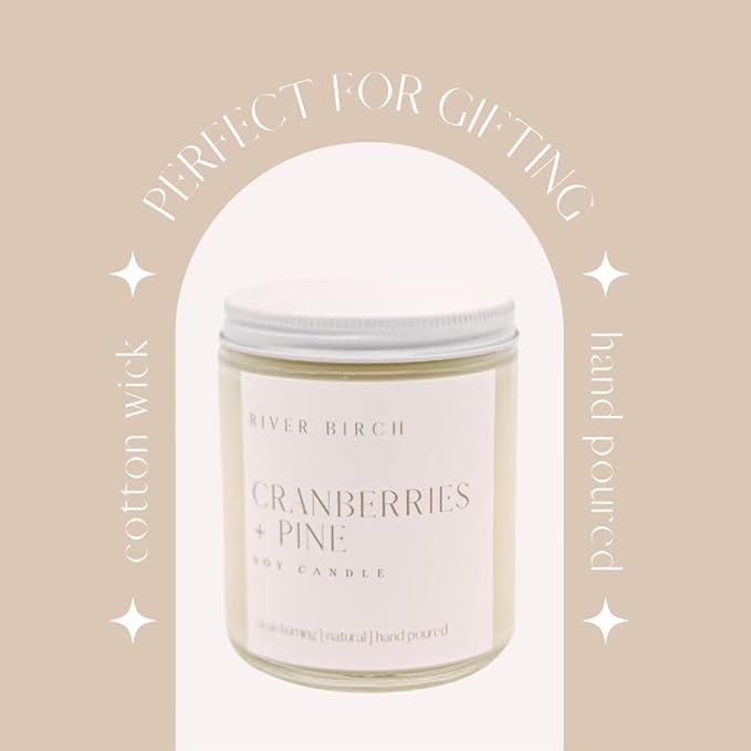 River Birch Candles Cranberries + Pine Scented Candle | Premium, All-Natural, Non-Toxic, Soy Candles | 8.5oz 40 Hr Burn Time | Cozy Relaxing Gifts for Home