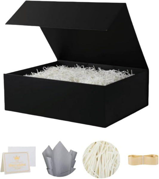 UoeRing 1 Pcs Black Gift Box 11.5x8x4 inch Luxury Gift Box for Presents with Magnetic Lid Collapsible,Birthday,Christmas,Contains Card, Ribbon, Tissue Paper,Shredded Paper Fille