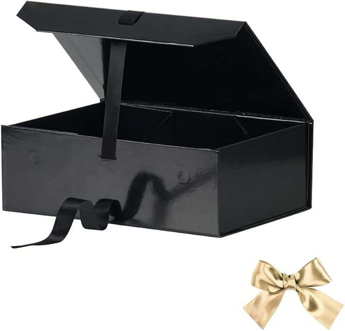 Glossy Black Groomsman Gift Box - 10x7.3x3.5 Inches, Decorative Box with Ribbon and Magnetic Lid Closure