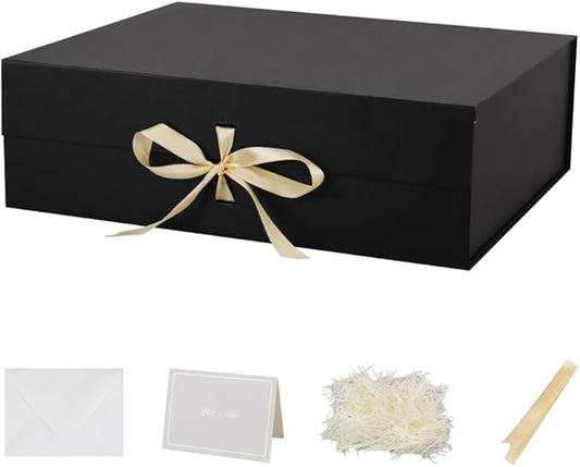 Extra Large Magnetic Gift Box with Lids 3 Pack 19x16x6 Inch Black Large Gift Box with Ribbon Foldable Gift Boxes for Presents Jumbo Box with Shredded Paper & Cards for Groomsman Proposal