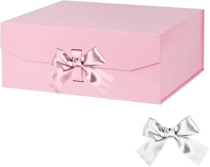 Pink Large Gift Box 13x11x5.3 Inches With Ribbon, Lid Magnetic Closure, Christmas, Rectangle Collapsible for Men Shoes