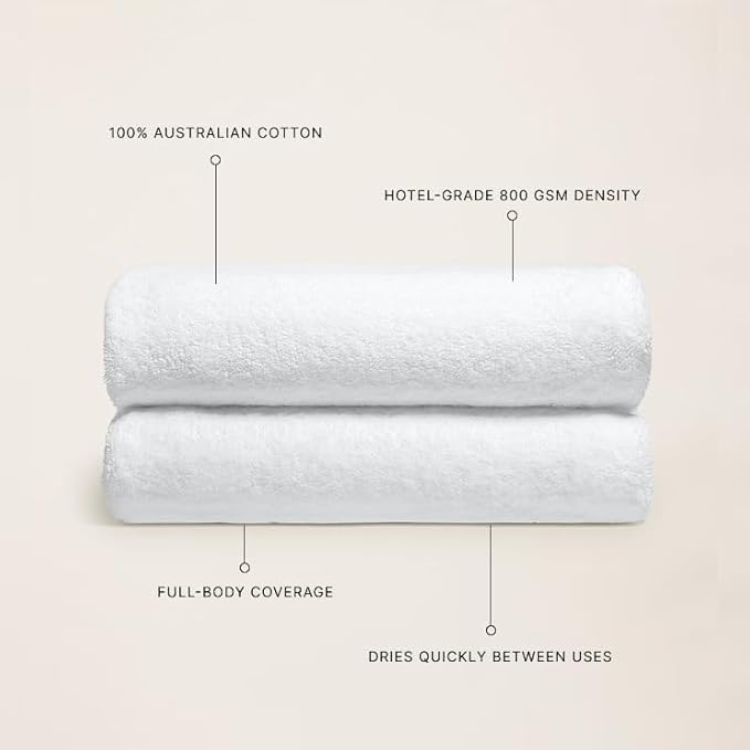 Italic Ultraplush 100% Australian Cotton Towels - Set of 2 Luxury Bath Towels, Quick Dry Plush and Absorbent, Heavy Duty Large Bath Towels, 800GSM Towels for Bathroom & Spa (White)