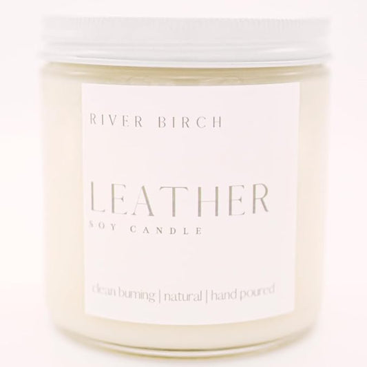 River Birch Candles Leather Scented Candle | Premium, All-Natural, Non-Toxic, Soy Candles | 16oz 90 Hr Burn Time | Cozy Relaxing Gifts for Home