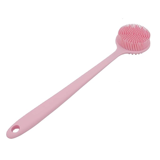 DNC Soft Silicone Back Scrubber Shower Bath Body Brush with Long Handle (Pink)