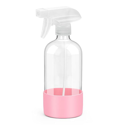 Glass Spray Bottles with Silicone Sleeve Protection, Empty 16 oz Refillable Containers, Reusable Spray Bottles with Adjustable Nozzle for Hair, Cleaning Solutions, 1 Pack Pink