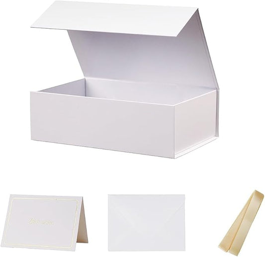 UoeRing 1 Pcs White Gift Box,9.5x6x3 Magnetic Gift Box for Presents with Lids Rectangle Collapsible for Bridesmaid Proposal Box,Wedding,Christmas,Birthday Gift Packging with Ribbon Card Envelope