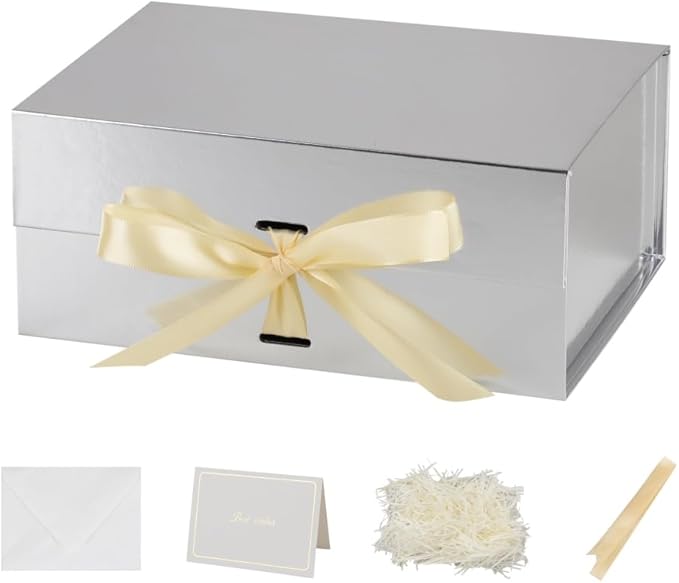 5 Pack 9.5X7X4 Inch Silver Magnetic Gift Box with Lid Small Gift Box with Shredded Paper Foldable Boxes with Ribbon for Presents、Anniversary Gifts、Bridesmaid Proposal 、Wedding party