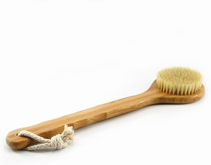 12.6" Long Handle Dry Bath Body Brush Back Scrubber, Bamboo Handle Bath Shower Brush Scrubber with Natural Boar Bristles, Good for Detox, Exfoliating, Cellulite, Blood Circulation, etc.