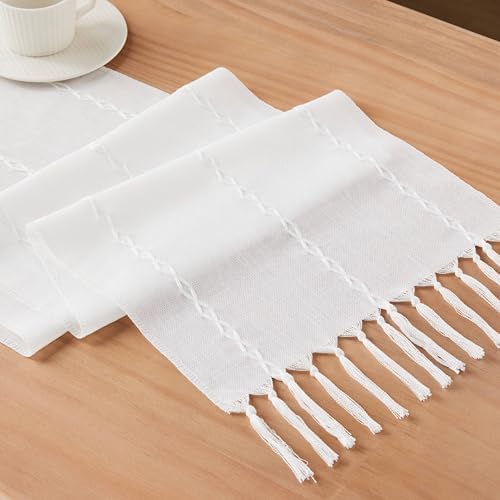 Braided Farmhouse Table Runner, Braided White 13x72 Inch, Cotton Linen Table Runners 72 Inches Long, Embroidered Striped White Boho Table Runner Rustic Home Decor