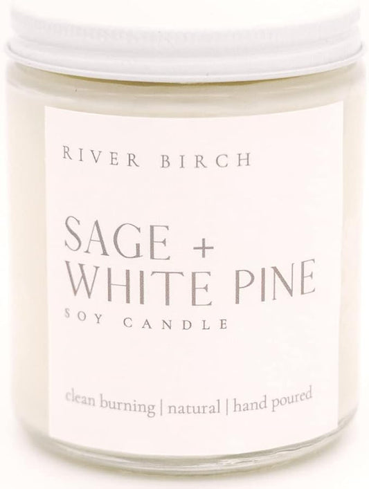 River Birch Candles Sage & White Pine Scented Candle | Premium, All-Natural, Non-Toxic, Soy Candles | 8.5oz 40 Hr Burn Time | Cozy Relaxing Gifts for Home