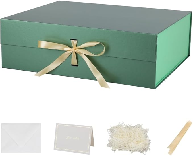 BoxSkivra Green Extra Large Gift Box with Lid 1 Pack 19x16x6 Inch Large Gift Boxes with Crinkle Paper & Card Magnetic Gift Box with Ribbon for Wedding Dress
