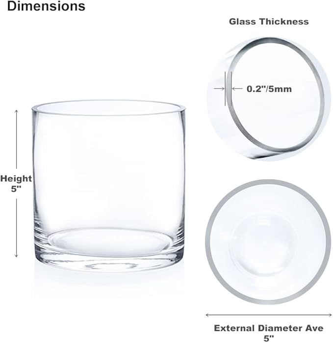Enova Floral Set of 4 Clear Cylinder Glass Vase, 5W x 5H Inches Round Flowers Vase, Pillar Candle Floating Candle Holders, Floral Glass Vase for Home Office Decor, Wedding Centerpiece