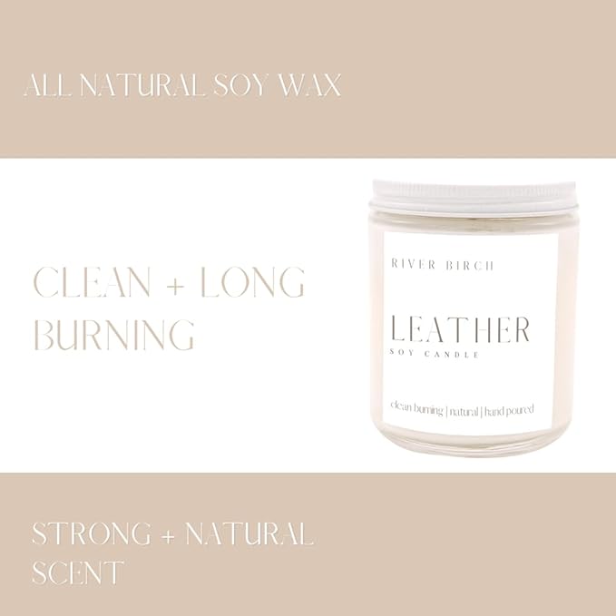 River Birch Candles Leather Scented Candle | Premium, All-Natural, Non-Toxic, Soy Candles | 8.5oz 40 Hr Burn Time | Cozy Relaxing Gifts for Home