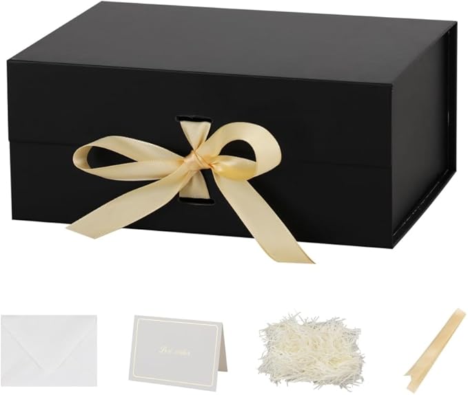 5 Pack 9.5X7X4 Inch Black Magnetic Gift Box with Lid Small Gift Box with Shredded Paper Foldable Boxes with Ribbon for Presents、Anniversary Gifts、Bridesmaid Proposal 、Wedding party